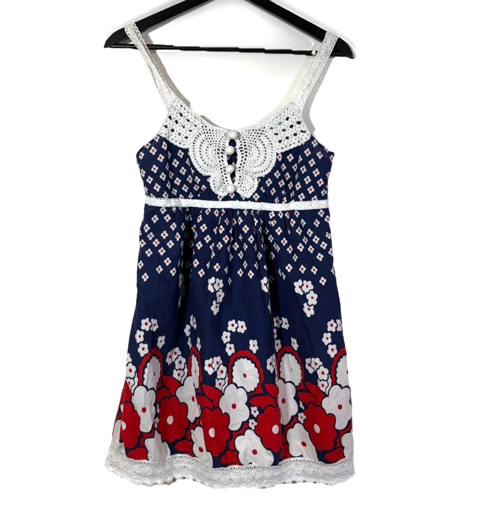 Empire Dress Crochet Accent Mini Red White Blue Flowers Est. Small